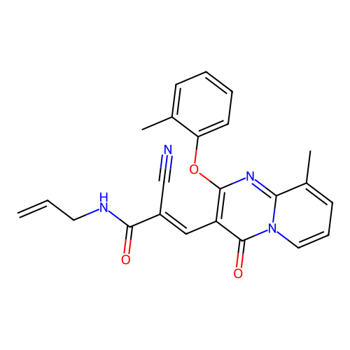 (2E)-2-cyano-3-[9-methyl-2-(2-methylphenoxy)-4-oxo-4H-pyrido[1,2-a]pyrimidin-3-yl]-N-(prop-2-en-1-yl)prop-2-enamide structure