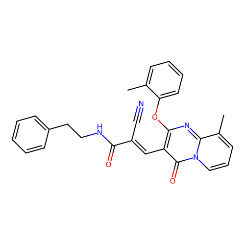 (2E)-2-cyano-3-[9-methyl-2-(2-methylphenoxy)-4-oxo-4H-pyrido[1,2-a]pyrimidin-3-yl]-N-(2-phenylethyl)prop-2-enamide structure