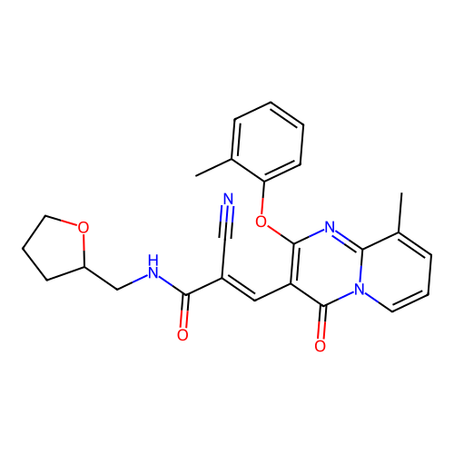 (2E)-2-cyano-3-[9-methyl-2-(2-methylphenoxy)-4-oxo-4H-pyrido[1,2-a]pyrimidin-3-yl]-N-(tetrahydrofuran-2-ylmethyl)prop-2-enamide structure