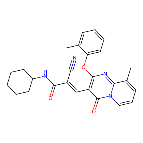 (2E)-2-cyano-N-cyclohexyl-3-[9-methyl-2-(2-methylphenoxy)-4-oxo-4H-pyrido[1,2-a]pyrimidin-3-yl]prop-2-enamide structure