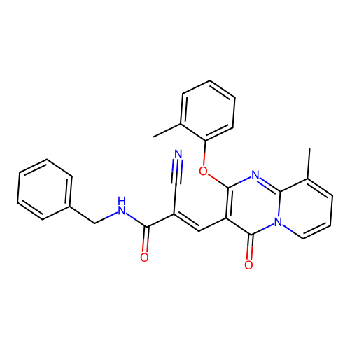 (2E)-N-benzyl-2-cyano-3-[9-methyl-2-(2-methylphenoxy)-4-oxo-4H-pyrido[1,2-a]pyrimidin-3-yl]prop-2-enamide structure