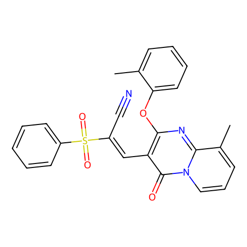 (2E)-2-(BENZENESULFONYL)-3-[9-METHYL-2-(2-METHYLPHENOXY)-4-OXO-4H-PYRIDO[1,2-A]PYRIMIDIN-3-YL]PROP-2-ENENITRILE structure