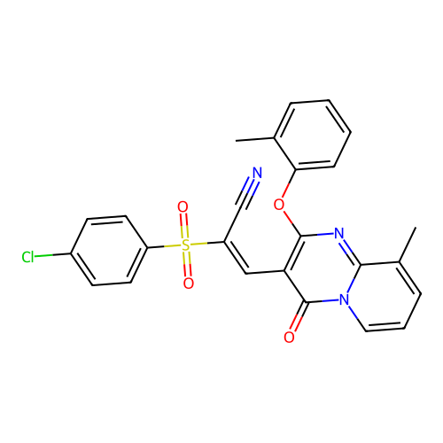 (2E)-2-(4-CHLOROBENZENESULFONYL)-3-[9-METHYL-2-(2-METHYLPHENOXY)-4-OXO-4H-PYRIDO[1,2-A]PYRIMIDIN-3-YL]PROP-2-ENENITRILE structure