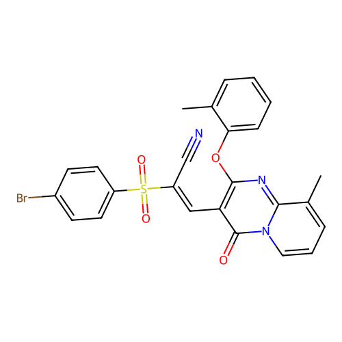 (2E)-2-[(4-bromophenyl)sulfonyl]-3-[9-methyl-2-(2-methylphenoxy)-4-oxo-4H-pyrido[1,2-a]pyrimidin-3-yl]prop-2-enenitrile structure