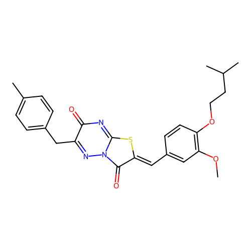 (2Z)-2-[[3-methoxy-4-(3-methylbutoxy)phenyl]methylidene]-6-[(4-methylphenyl)methyl]-[1,3]thiazolo[3,2-b][1,2,4]triazine-3,7-dione structure