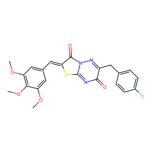 (Z)-6-(4-fluorobenzyl)-2-(3,4,5-trimethoxybenzylidene)-2H-thiazolo[3,2-b][1,2,4]triazine-3,7-dione structure