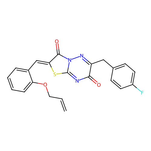 (2Z)-6-[(4-fluorophenyl)methyl]-2-[(2-prop-2-enoxyphenyl)methylidene]-[1,3]thiazolo[3,2-b][1,2,4]triazine-3,7-dione structure