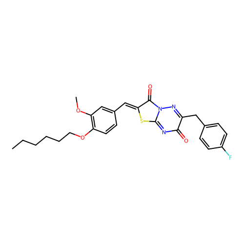 (Z)-6-(4-fluorobenzyl)-2-(4-(hexyloxy)-3-methoxybenzylidene)-2H-thiazolo[3,2-b][1,2,4]triazine-3,7-dione structure