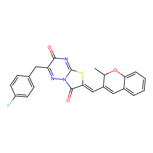 (2Z)-6-(4-fluorobenzyl)-2-[(2-methyl-2H-chromen-3-yl)methylidene]-7H-[1,3]thiazolo[3,2-b][1,2,4]triazine-3,7(2H)-dione structure