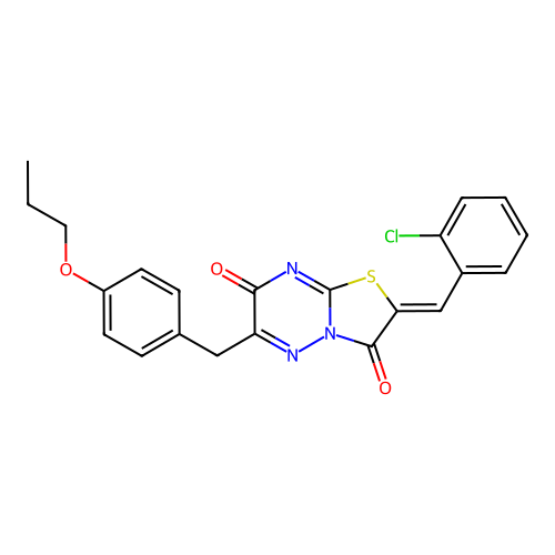 (2Z)-2-[(2-chlorophenyl)methylidene]-6-[(4-propoxyphenyl)methyl]-[1,3]thiazolo[3,2-b][1,2,4]triazine-3,7-dione structure