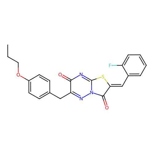 (2Z)-2-[(2-fluorophenyl)methylidene]-6-[(4-propoxyphenyl)methyl]-[1,3]thiazolo[3,2-b][1,2,4]triazine-3,7-dione structure