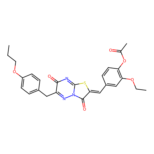 (Z)-4-((3,7-dioxo-6-(4-propoxybenzyl)-3,7-dihydro-2H-thiazolo[3,2-b][1,2,4]triazin-2-ylidene)methyl)-2-ethoxyphenyl acetate structure
