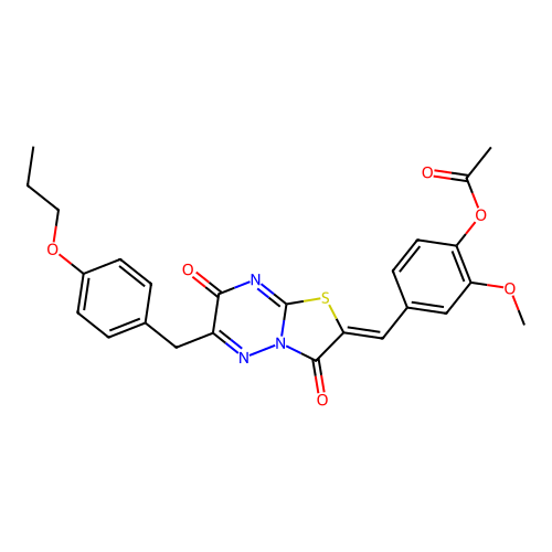 (Z)-4-((3,7-dioxo-6-(4-propoxybenzyl)-3,7-dihydro-2H-thiazolo[3,2-b][1,2,4]triazin-2-ylidene)methyl)-2-methoxyphenyl acetate structure