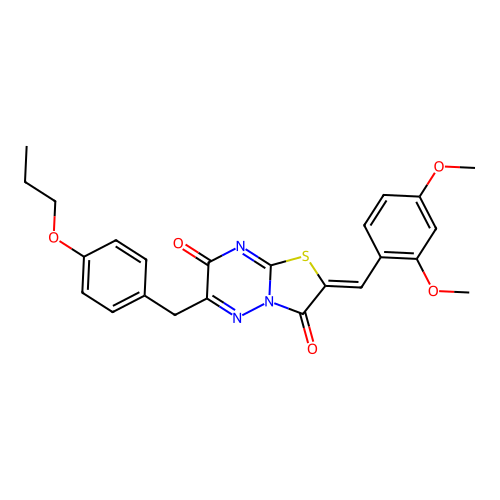 (2Z)-2-[(2,4-dimethoxyphenyl)methylidene]-6-[(4-propoxyphenyl)methyl]-[1,3]thiazolo[3,2-b][1,2,4]triazine-3,7-dione structure