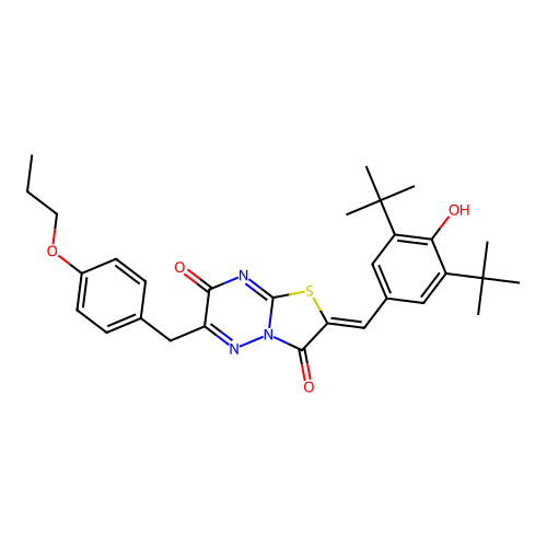 (2Z)-2-(3,5-di-tert-butyl-4-hydroxybenzylidene)-6-(4-propoxybenzyl)-7H-[1,3]thiazolo[3,2-b][1,2,4]triazine-3,7(2H)-dione structure