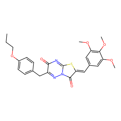 (Z)-6-(4-propoxybenzyl)-2-(3,4,5-trimethoxybenzylidene)-2H-thiazolo[3,2-b][1,2,4]triazine-3,7-dione structure