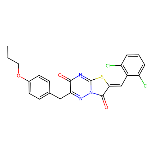 (2Z)-2-(2,6-dichlorobenzylidene)-6-(4-propoxybenzyl)-7H-[1,3]thiazolo[3,2-b][1,2,4]triazine-3,7(2H)-dione structure