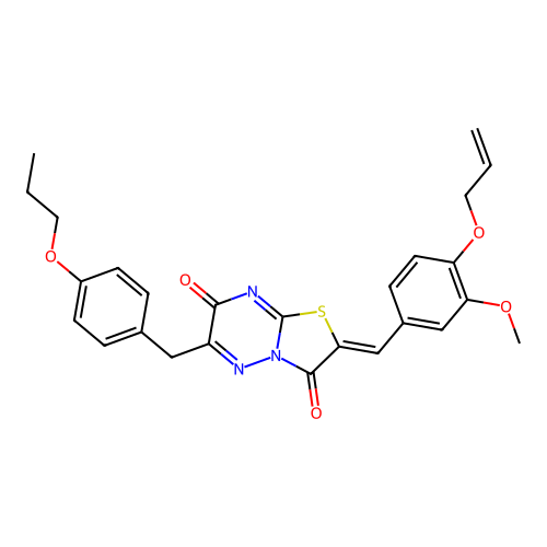 (2Z)-2-[(3-methoxy-4-prop-2-enoxyphenyl)methylidene]-6-[(4-propoxyphenyl)methyl]-[1,3]thiazolo[3,2-b][1,2,4]triazine-3,7-dione structure
