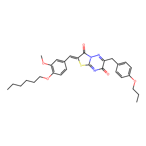 (2Z)-2-[4-(hexyloxy)-3-methoxybenzylidene]-6-(4-propoxybenzyl)-7H-[1,3]thiazolo[3,2-b][1,2,4]triazine-3,7(2H)-dione structure