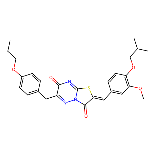 (Z)-2-(4-isobutoxy-3-methoxybenzylidene)-6-(4-propoxybenzyl)-2H-thiazolo[3,2-b][1,2,4]triazine-3,7-dione structure