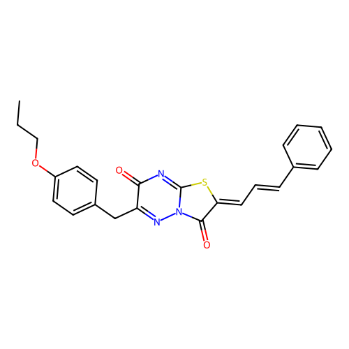 (2Z)-2-[(E)-3-phenylprop-2-enylidene]-6-[(4-propoxyphenyl)methyl]-[1,3]thiazolo[3,2-b][1,2,4]triazine-3,7-dione structure