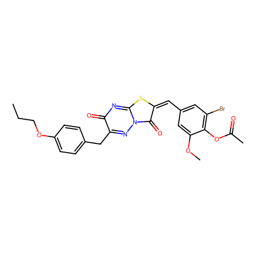 (E)-2-bromo-4-((3,7-dioxo-6-(4-propoxybenzyl)-3,7-dihydro-2H-thiazolo[3,2-b][1,2,4]triazin-2-ylidene)methyl)-6-methoxyphenyl acetate structure