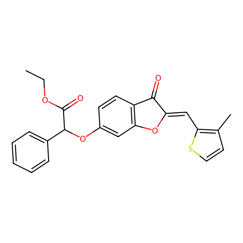 (Z)-ethyl 2-((2-((3-methylthiophen-2-yl)methylene)-3-oxo-2,3-dihydrobenzofuran-6-yl)oxy)-2-phenylacetate structure
