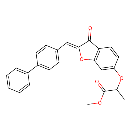 methyl 2-[[(2Z)-3-oxo-2-[(4-phenylphenyl)methylidene]-1-benzofuran-6-yl]oxy]propanoate structure