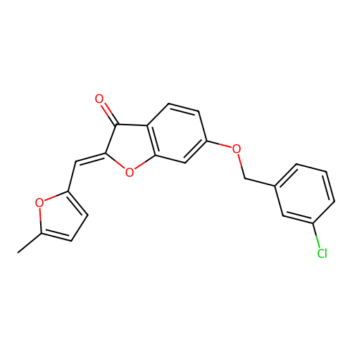 (Z)-6-((3-chlorobenzyl)oxy)-2-((5-methylfuran-2-yl)methylene)benzofuran-3(2H)-one structure