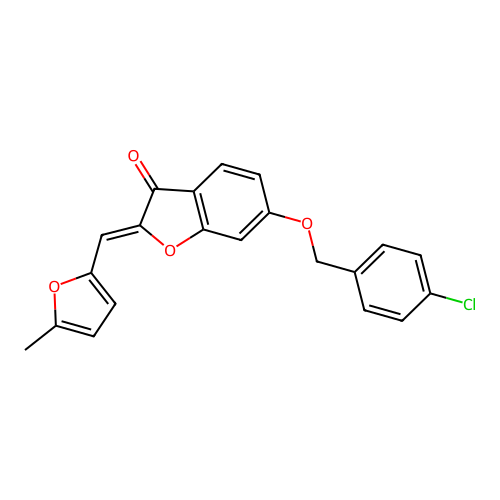 (Z)-6-((4-chlorobenzyl)oxy)-2-((5-methylfuran-2-yl)methylene)benzofuran-3(2H)-one structure