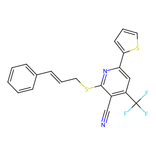 2-(cinnamylthio)-6-(thiophen-2-yl)-4-(trifluoromethyl)nicotinonitrile structure
