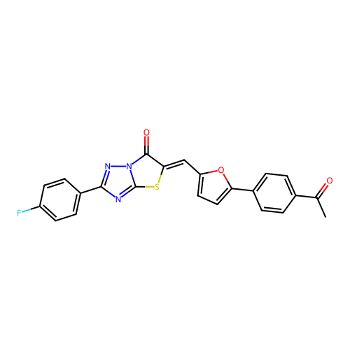 (5Z)-5-{[5-(4-acetylphenyl)furan-2-yl]methylidene}-2-(4-fluorophenyl)[1,3]thiazolo[3,2-b][1,2,4]triazol-6(5H)-one structure