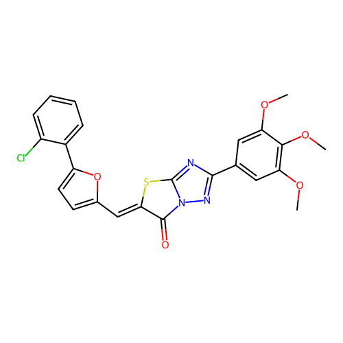 (5Z)-5-{[5-(2-chlorophenyl)-2-furyl]methylene}-2-(3,4,5-trimethoxyphenyl)[1,3]thiazolo[3,2-b][1,2,4]triazol-6(5H)-one structure
