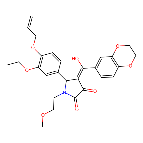 (4E)-4-[2,3-dihydro-1,4-benzodioxin-6-yl(hydroxy)methylidene]-5-(3-ethoxy-4-prop-2-enoxyphenyl)-1-(2-methoxyethyl)pyrrolidine-2,3-dione structure