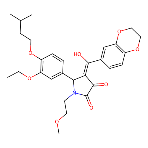 (4E)-4-[2,3-dihydro-1,4-benzodioxin-6-yl(hydroxy)methylidene]-5-[3-ethoxy-4-(3-methylbutoxy)phenyl]-1-(2-methoxyethyl)pyrrolidine-2,3-dione structure