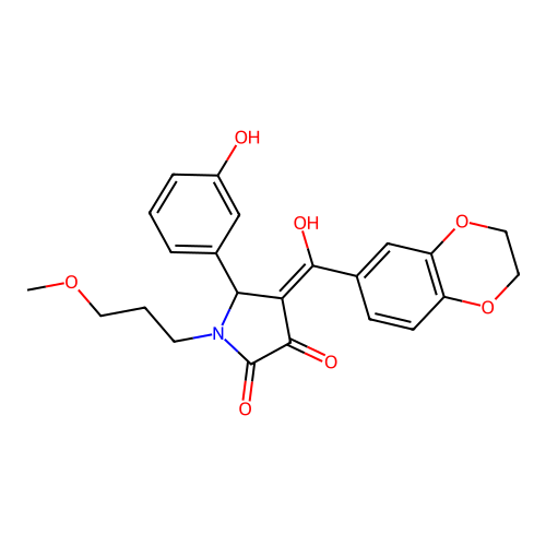 (4E)-4-[2,3-dihydro-1,4-benzodioxin-6-yl(hydroxy)methylidene]-5-(3-hydroxyphenyl)-1-(3-methoxypropyl)pyrrolidine-2,3-dione structure