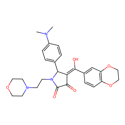 (4E)-4-[2,3-dihydro-1,4-benzodioxin-6-yl(hydroxy)methylidene]-5-(4-dimethylaminophenyl)-1-(2-morpholin-4-ylethyl)pyrrolidine-2,3-dione structure