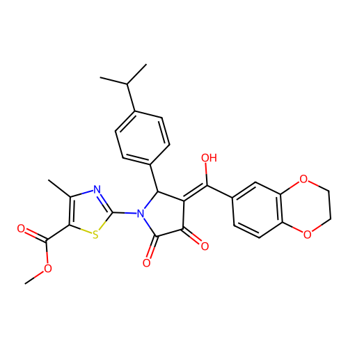 methyl 2-(3-(2,3-dihydrobenzo[b][1,4]dioxine-6-carbonyl)-4-hydroxy-2-(4-isopropylphenyl)-5-oxo-2,5-dihydro-1H-pyrrol-1-yl)-4-methylthiazole-5-carboxylate structure