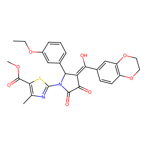 methyl 2-[(3E)-3-[2,3-dihydro-1,4-benzodioxin-6-yl(hydroxy)methylidene]-2-(3-ethoxyphenyl)-4,5-dioxopyrrolidin-1-yl]-4-methyl-1,3-thiazole-5-carboxylate structure