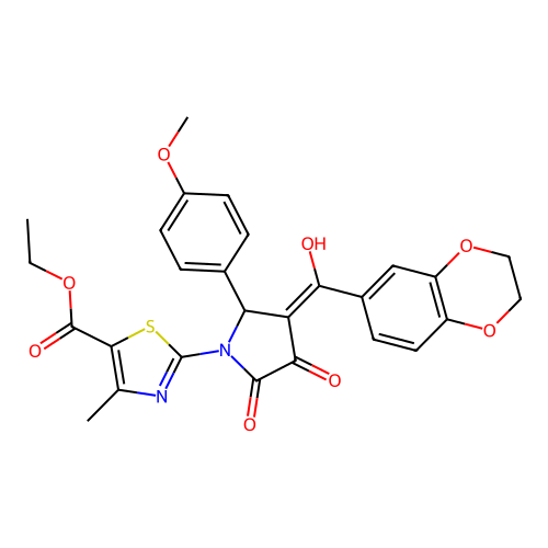 ethyl 2-[(3E)-3-[2,3-dihydro-1,4-benzodioxin-6-yl(hydroxy)methylidene]-2-(4-methoxyphenyl)-4,5-dioxopyrrolidin-1-yl]-4-methyl-1,3-thiazole-5-carboxylate structure