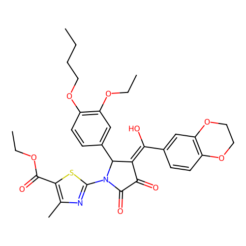 ethyl 2-(2-(4-butoxy-3-ethoxyphenyl)-3-(2,3-dihydrobenzo[b][1,4]dioxine-6-carbonyl)-4-hydroxy-5-oxo-2,5-dihydro-1H-pyrrol-1-yl)-4-methylthiazole-5-carboxylate structure