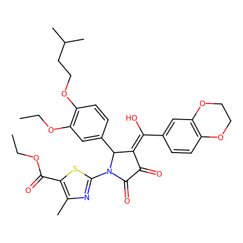 ethyl 2-(3-(2,3-dihydrobenzo[b][1,4]dioxine-6-carbonyl)-2-(3-ethoxy-4-(isopentyloxy)phenyl)-4-hydroxy-5-oxo-2,5-dihydro-1H-pyrrol-1-yl)-4-methylthiazole-5-carboxylate structure