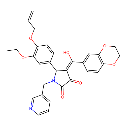 (4E)-4-[2,3-dihydro-1,4-benzodioxin-6-yl(hydroxy)methylidene]-5-(3-ethoxy-4-prop-2-enoxyphenyl)-1-(pyridin-3-ylmethyl)pyrrolidine-2,3-dione structure