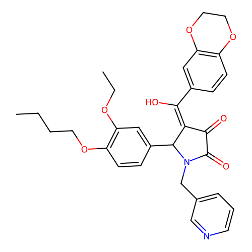 (4E)-5-(4-butoxy-3-ethoxyphenyl)-4-[2,3-dihydro-1,4-benzodioxin-6-yl(hydroxy)methylidene]-1-(pyridin-3-ylmethyl)pyrrolidine-2,3-dione structure