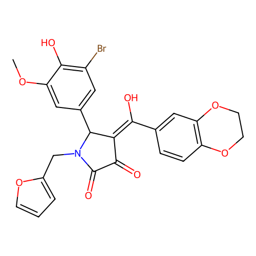 (4E)-5-(3-bromo-4-hydroxy-5-methoxyphenyl)-4-[2,3-dihydro-1,4-benzodioxin-6-yl(hydroxy)methylidene]-1-(furan-2-ylmethyl)pyrrolidine-2,3-dione structure