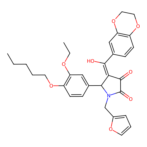 (4E)-4-[2,3-dihydro-1,4-benzodioxin-6-yl(hydroxy)methylidene]-5-(3-ethoxy-4-pentoxyphenyl)-1-(furan-2-ylmethyl)pyrrolidine-2,3-dione structure