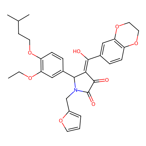 (4E)-4-[2,3-dihydro-1,4-benzodioxin-6-yl(hydroxy)methylidene]-5-[3-ethoxy-4-(3-methylbutoxy)phenyl]-1-(furan-2-ylmethyl)pyrrolidine-2,3-dione structure