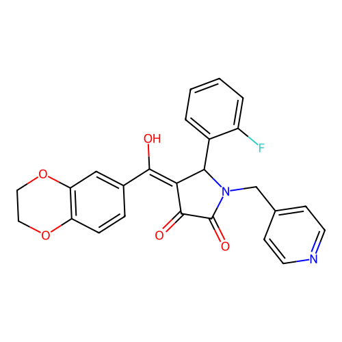 (4E)-4-[2,3-dihydro-1,4-benzodioxin-6-yl(hydroxy)methylidene]-5-(2-fluorophenyl)-1-(pyridin-4-ylmethyl)pyrrolidine-2,3-dione structure