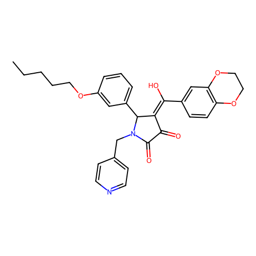 (4E)-4-[2,3-dihydro-1,4-benzodioxin-6-yl(hydroxy)methylidene]-5-(3-pentoxyphenyl)-1-(pyridin-4-ylmethyl)pyrrolidine-2,3-dione structure