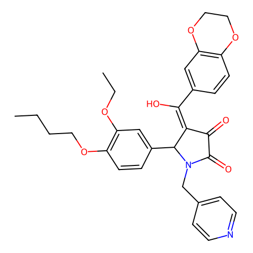 (4E)-5-(4-butoxy-3-ethoxyphenyl)-4-[2,3-dihydro-1,4-benzodioxin-6-yl(hydroxy)methylidene]-1-(pyridin-4-ylmethyl)pyrrolidine-2,3-dione structure
